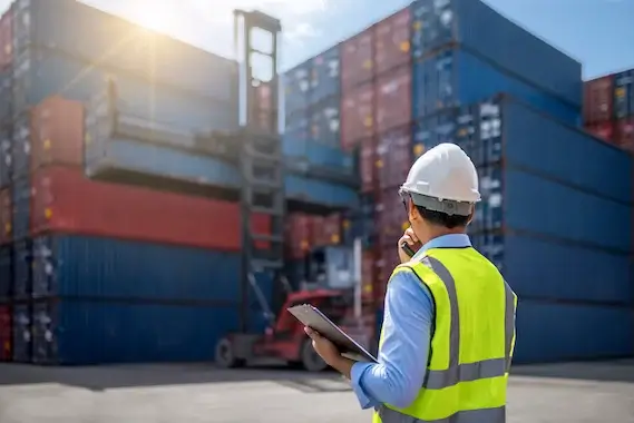 Logistics professional standing near shipping containers